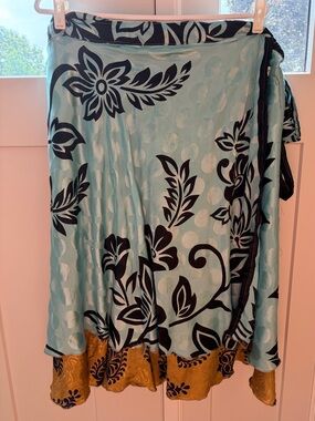 Original Sari Wrap Skirt Blue Black Yellow Size 8-20 Reversible Tea Length Boho